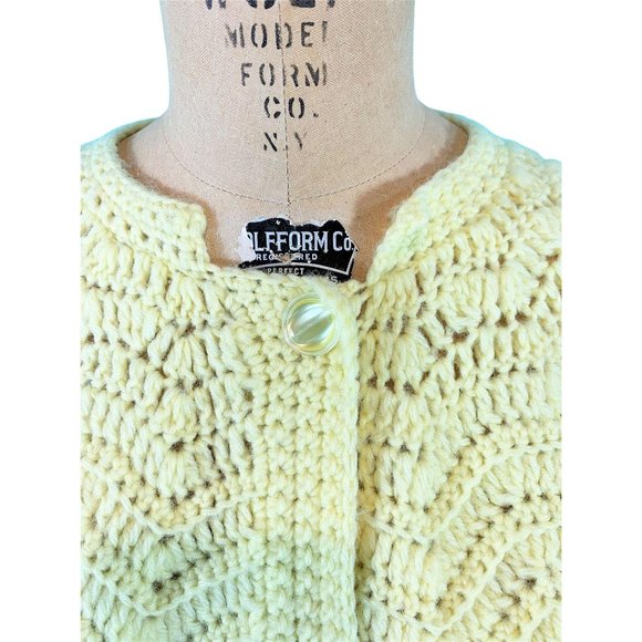 Vintage 1960s Crochet Cape Yellow Chevron Knit Button Down Sweater - Picture 5 of 10